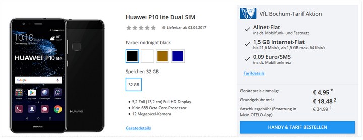 Huawei P10 Lite Vertrag mit VfL-Bochum-Tarif im D2-Netz für 18,48 € mtl. + 4,95 € Zuzahlung