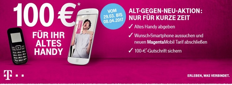 Die Aktion der Telekom Alt gegen Neu mit 100 Euro Gutschrift beim Althandy-Tausch wird am besten bei Handy-Resellern dargestellt